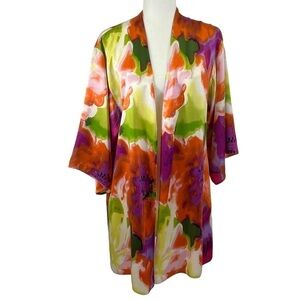 JOSIE Natori 100% SILK Open Front Watercolor Floral Kimono Cardigan Size Small